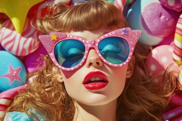 A woman with retro-style sunglasses lies amidst a vibrant assortment of colorful candies and sweets in a close-up shot.