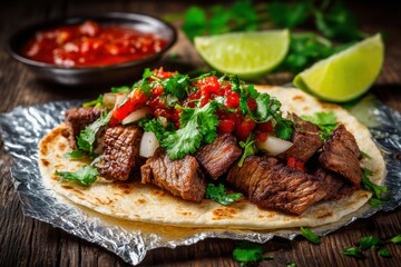 A delicious and appetizing beef taco with salsa, cilantro, lime wedges, served on a flour tortilla and presented on a wooden table for a satisfying meal.