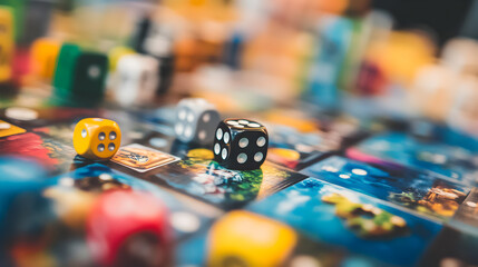 shot of a board game in progress, with different tokens and cards spread across the table 