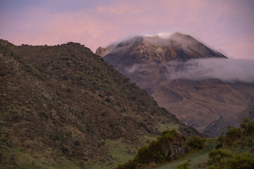 Nevado Volcano with the morning light in purple and gold colors. Amazing place to travel and get to...
