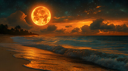 Glowing full moon over beach with palm trees and ocean waves in warm tone under starry skies with stunning cloud formati