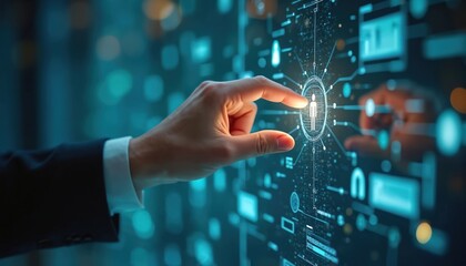 Businessman interacts with digital human resource planning dashboard. Hand touches virtual screen with business data interface. Concept of talent acquisition, HR management, personnel selection.