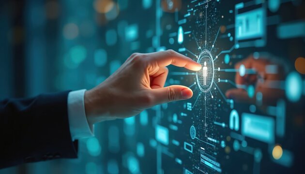 Businessman interacts with digital human resource planning dashboard. Hand touches virtual screen with business data interface. Concept of talent acquisition, HR management, personnel selection.