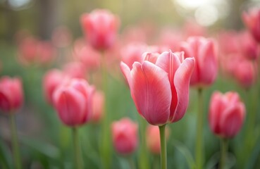 Fototapeta premium Pink tulips in garden spring season. Flowers in full bloom, petals in the sunlight. Nature background, spring garden, vibrant colors. Ideal for cards, wallpaper, design projects.