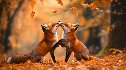 A couple of foxes playing affectionately in the autumn forest, golden leaves