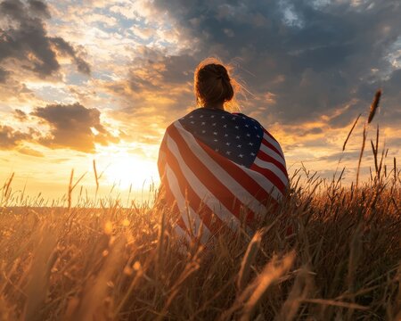 A silhouette of a person wrapped in an American flag, gazing at a vibrant sunset over a grassy field.