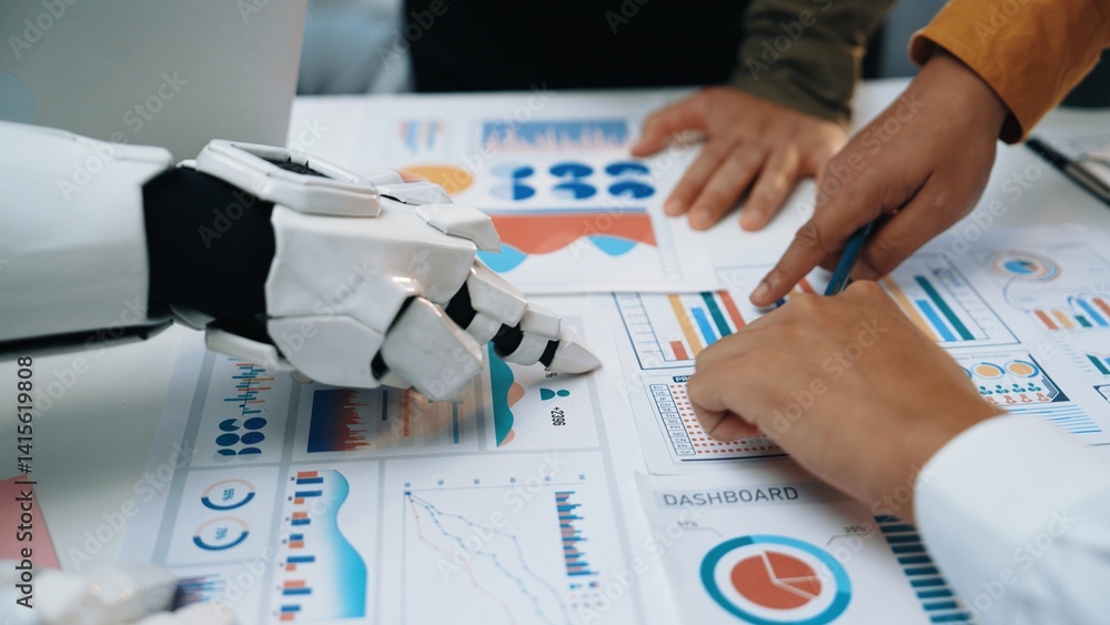 Poster a robot hand and human hands engage in a collaborative analysis of various data charts and dashboard