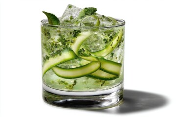 Refreshing cucumber cocktail with crushed ice, mint leaves, and cucumber ribbons, a perfect summer drink to beat the heat on a hot day with fresh ingredients.
