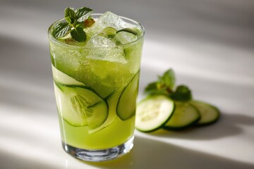 A refreshing cucumber cooler with ice and mint leaves in a glass, garnished with slices of fresh cucumber, illuminated by sunlight, isolated on a light background.