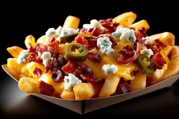 A delectable tray of loaded french fries topped with cheese sauce, bacon, blue cheese crumbles, and jalapenos, set against a dark background, close-up shot.