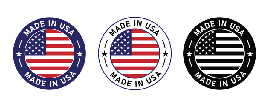 set of made in the USA labels. Made in America badge or icon symbolizing. made. Text Made in USA with flag. Stamp. Isolated on white background.