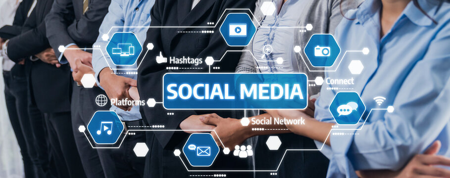 A diverse group of professionals stands together, showcasing the impact of social media in modern business. Visual elements highlight connection, interaction, and engagement. Amity