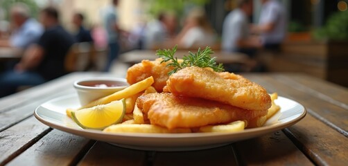 Delicious fish chips plate served outdoor restaurant London United Kingdom. Fried fish potato fries, ketchup sauce with lemon slice, fresh herbs. Eatery tourism, cafe food, meal concept.