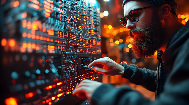 Person with beard hat and glasses works on a control panel with orange and blue lights at a complex system while testin