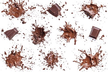 Fototapeta premium Chocolate Chunks & Splashes on White Background, Delicious, Sweet Treat, Brown Drops