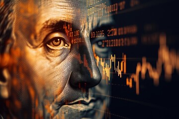 A close-up of a US dollar bill featuring Benjamin Franklin, overlaid with collection market graphs and financial data, symbolizing economics and finance.