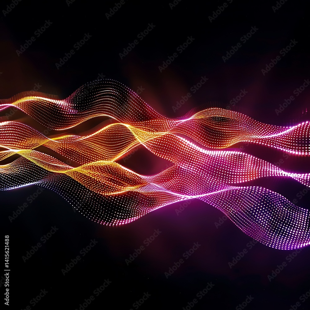 Poster abstract background features flowing, wavy lines of glowing particles. colorful gradient shifts from