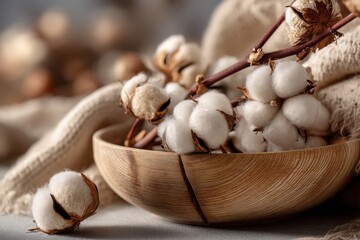 Close-up of a wooden bowl filled with fluffy cotton flowers and soft beige fabric, set against a neutral backdrop in gentle, natural lighting, creating a serene atmosphere.