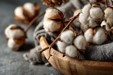 Close-up of cotton flowers in a wooden bowl with a grey cloth, conveying a soft, natural, and comforting aesthetic, suitable for wellness and lifestyle themes.
