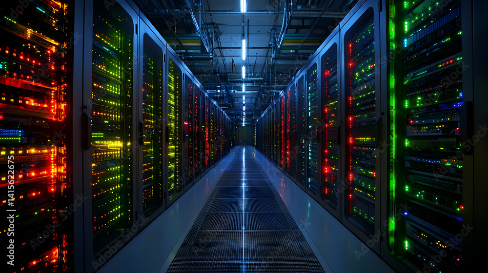 Poster data center corridor with colorful illuminated servers