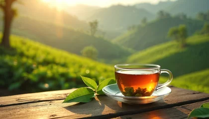 Gardinen Tea cup with green tea leaf on wood table, tea plantation background. Morning sunlight. Healthy beverage, drink, refreshment. Warm, summer, landscape, agriculture. Enjoy green tea. © Vadym