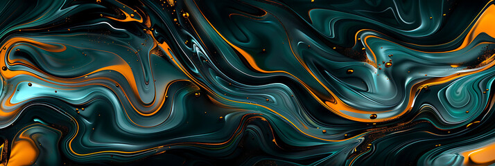 Obraz premium Abstract background featuring dynamic swirls of dark teal, black, and vibrant orange liquid paint. Fluid motion creates a modern, artistic marbling texture. 