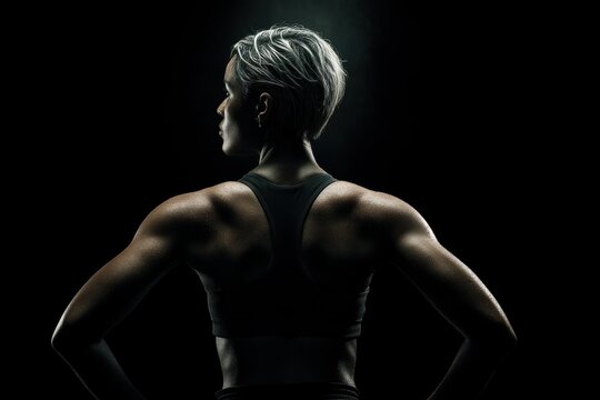 A strong female athlete stands proudly with her back turned to the camera, showcasing her toned muscles and athletic physique against a dark background.