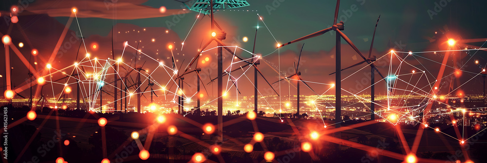 Poster wind turbines generating power at dusk. a glowing digital network overlay symbolizes smart grid tech