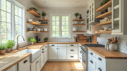 Fototapeta premium Bright kitchen with wooden countertops white cabinets open shelves stainless steel appliances and a large window wit