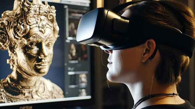 VR experience of a historical sculpture.  Immersive virtual reality headset allows user to interact with a detailed 3D model of a golden bronze bust