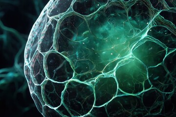 A visually striking close-up of a cell structure, highlighted by its intricate, web-like pattern and translucent, green hue. The lighting emphasizes detail.