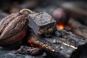 Fototapeta premium Artisanal dark chocolate bar with cocoa pod, showcasing rich, luxurious texture and tempting taste, presented on textured rustic wooden surface with fine details.