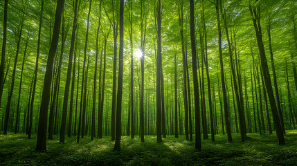 Obraz premium Dense forest with tall trees stretching upwards bathed in sunlight filtering through the green canopy creating a seren