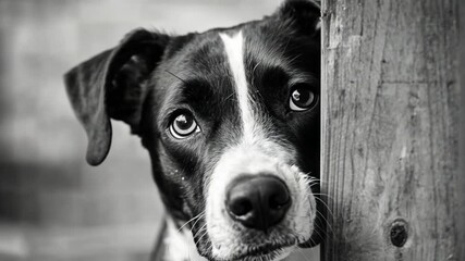 Close-up of a black and white dog peering around a wooden post with a soft focus background - Powered by Adobe