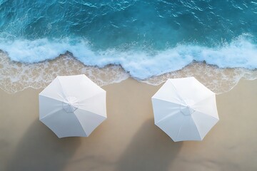 Aerial Sandy Beach View with Two White Parasols and Turquoise Waves Crashing