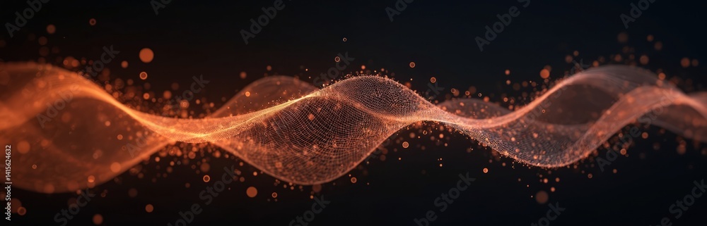 Poster abstract illustration featuring dynamic sound waves with particle effects. orange flow against black