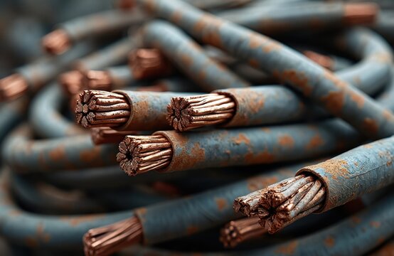 Close-up of old copper cables in plastic sheath. Heap of stripped wires, showing copper core. Electric cabling, industrial waste, recycling of scrap. Power supply, current, voltage, electrical.