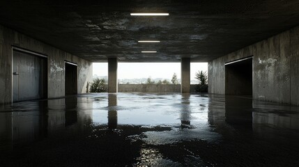 Dark hallway leading to distant landscape cool color palette linear perspective mysterious atmosphere