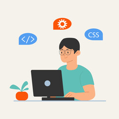 Flat illustration of male programmer coding at desk with CSS icons. Perfect for tech blogs, websites, tutorials, and web development content. Developer is sitting at desk in modern minimalistic style