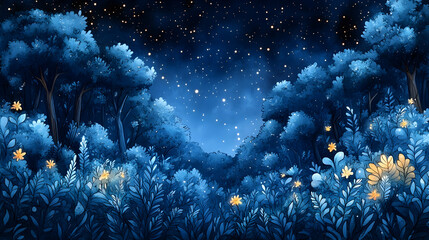 Obraz premium A digitally painted landscape shows a blue hued forest under a starry night sky. Yellow flowers are scattered amongst the blue vegetation.