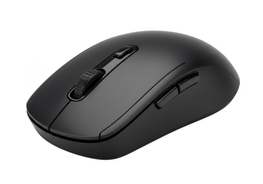 Black wireless computer mouse ergonomic design for gamers on transparent background