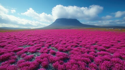 Naklejka premium Vast pink flower field, mountain backdrop