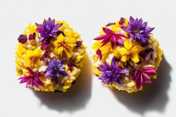 Obraz premium Two floral rice cakes decorated with edible flowers, a yellow risotto beautifully decorated with colorful flowers for a creative and delicious culinary experience.
