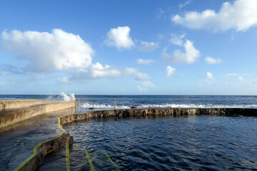 Salgueiros Bathing Area is one of the bays that has calmer and cleaner waters, where the Ribeira Seca flows. Praia da Vitória, Terceira Island, Azores, Portugal.