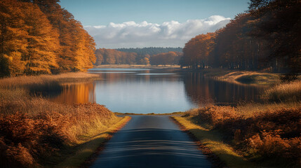 Serene autumn landscape with golden trees reflecting in a calm lake framed by a paved path under a partly cloudy sky