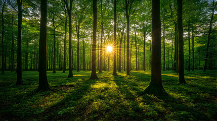 Sunlight streams through a dense forest illuminating the green foliage and creating a serene and enchanting atmosphere