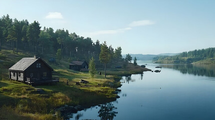 Obraz premium Rustic Wooden Cabins Beside A Serene River Landscape