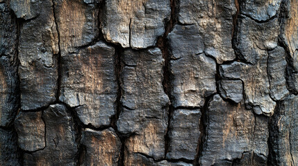 Up close look at the texture and details of a tree bark with its deep grooves and ridges showing the natural patterns