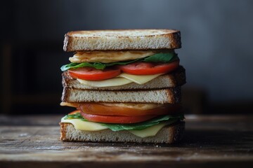 Neatly stacked sandwiches on a wooden table, showcasing a variety of fillings and fresh ingredients
