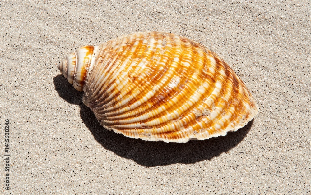 Poster close-up view of a fossilized seashell on a sandy beach, showcasing its intricate texture and warm, 